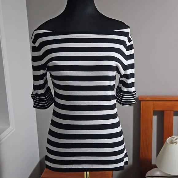 Ralph Lauren Cotton Black & White Stripped Ladies Top Size S. Sleeves ½-Length - Picture 6 of 11